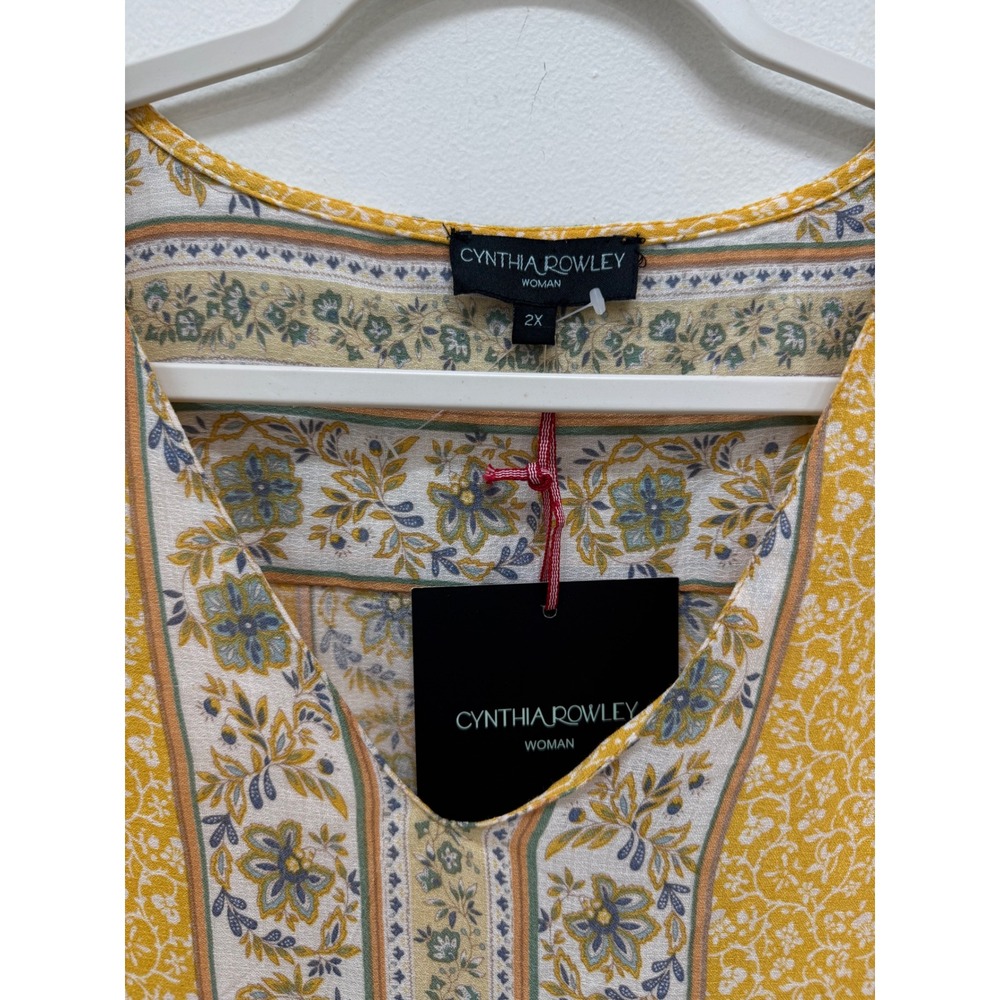 Cynthia Rowley Blouse 2X Yellow Floral Boho Ruffle Bell Sleeve V-Neck Top - Picture 4 of 8